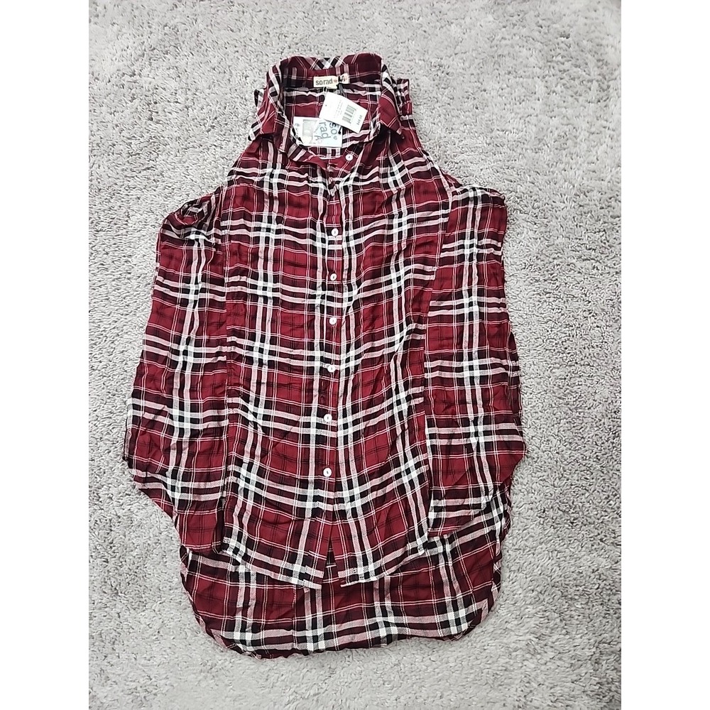 SO RAD by ATV Button Up Shirt Womens L Red Plaid Sleeveless Tunic High Low Hem